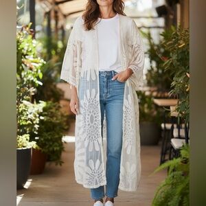 Artesia Large Cream Lace Floral Duster Kimono Coverup Bohemian Cottagecore B7
